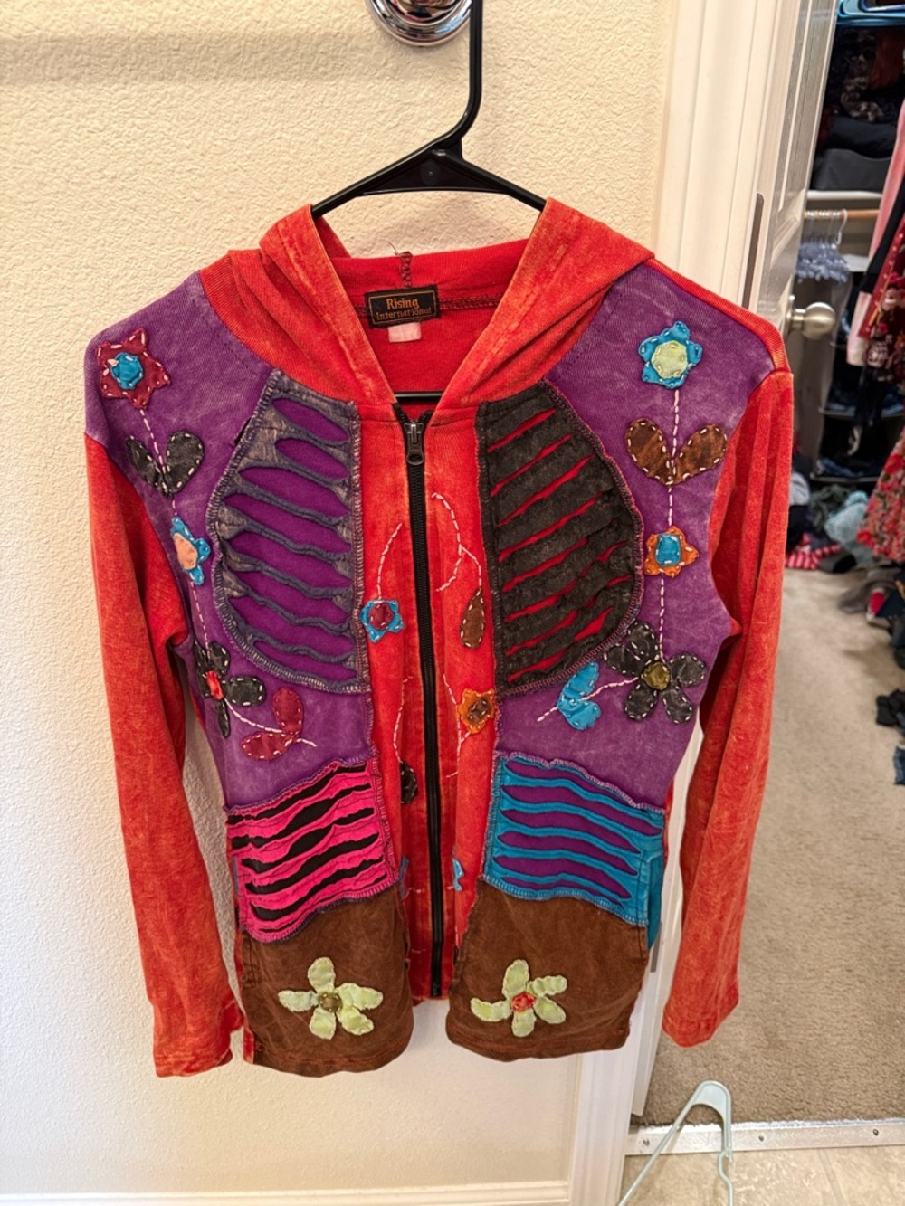 Rising International Red Purple Blue Patchwork Floral Zip Hoodie